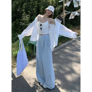 Quần Ống Rộng Cạp Cao Cho Nữ Dáng Rộng Thoải Mái Quần Dài Thường Ngày Quần Ống Rộng Màu Xanh Lam Có Xếp Ly