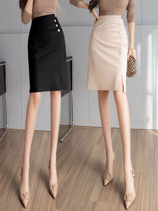 High Waist A-Line Mini Skirt for Women Slit Design Slimming Style Commute Korean Version Polyester Fiber Bum Covering Dress