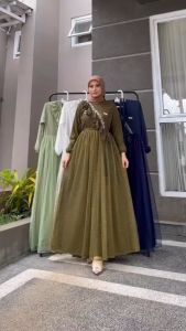 Baju Dres Wanita Terbaru 2023 Gamis DRESS MILLA CERUTY BABYDOL TILE DOT APLIKASI MUTIARA FUL PURING
