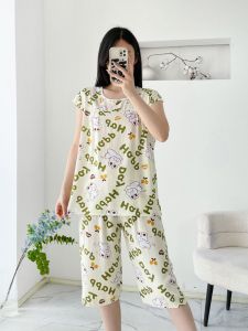 Ladies Cotton Silk Sleepwear Summer New Loose plus Size Short Sleeve Seven-Piece Pants Cartoon Artificial Cotton Home Clothes