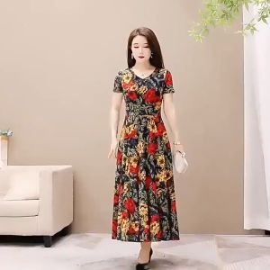 Women Flower V-Neck Midi Dress Summer Short Sleeved Office Attire for Women