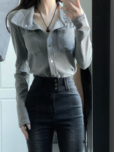 JULY Grey Long Sleeve Knitted Casual Style Spicy Girl Shirt Korean Version Polo Collar Multi-Button Regular Length