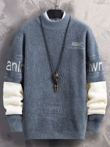 ROMON | เสื้อสเวตเตอร์คอปกตั้งทรงหลวมสำหรับผู้ชาย ขนกระต่าย หนา อบอุ่น แฟชั่นฤดูหนาว ลำลอง เสื้อชั้นใน ผ้าถัก ผ้าไนลอน โพลีเอสเตอร์ คอตตอน