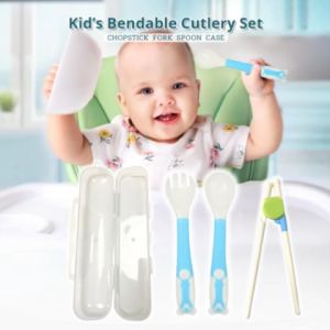 BESTMOMMY 3 in 1 Children's Utensils Bendable Feeding Spoon Fork and Chopstick with Box Cutlery Set