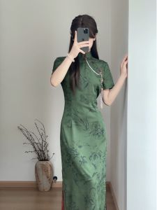 Elegant Green Improved Cheongsam Slimming Chinese Style Summer New Arrival High Quality Short Sleeve Long Qipao for Women