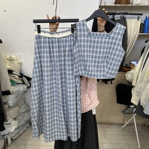 Retro Square Collar Lace Patchwork High Waist Mini Skirt Womens Korean Style Plaid Two-Piece Set Strapless Top Bottoms