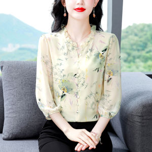 Ladieswear Mulberry Silk Shirt Summer Elegant Tops Floral Silk 3/4 Sleeve Shirt Womens New Arrival Beautiful Small Shirt Thin