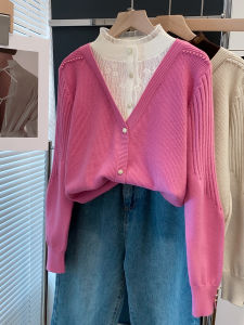 JIANDIYA | Lace Mock Two-piece Half High-collar Pearl-embellished Knitwear