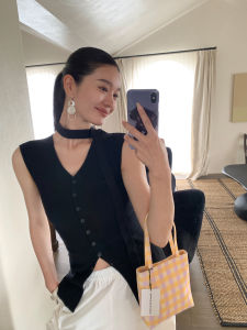 Pusumede Elegant V-Neck Sash Knitted Top Womens Slim Fit Open Split Sleeveless Vest Simple Style Summer Fashion Top