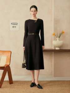 French Style Lace Knot Neck Merino Wool Dress