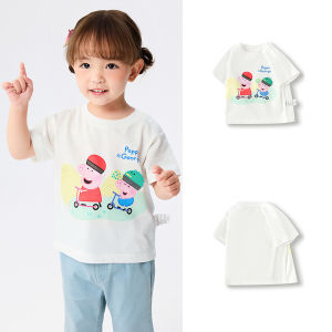 Peppa Pig IP Baby Short Sleeve T-Shirt Boys Girls Summer New Style Casual Cotton Blend Fabric round Neck Rabbit Pattern