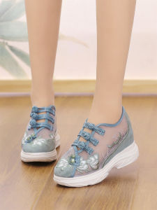 New Womens Sports Shoes Traditional Chinese Hanfu Style Soft Bottom Travel Shoes Mesh Material round Toe mid Heel Rubber Sole