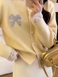 French Sweet Lace Knitted Cardigan Coat Womens Autumn Winter Christmas Soft Cozy Sweater plus Size MM Slimming Top