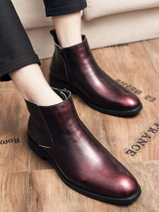 Sleeve Zipper Chelsea Boots Mens Boots British Retro High-Top Pointed Leather Boots Mid-Top Casual Genuine Leather Shoes Size 37
