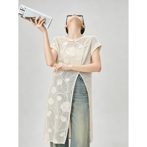 GULILI | Pankou Flower Embroidery Knitted Lace Up Short Sleeve Dress Women Summer