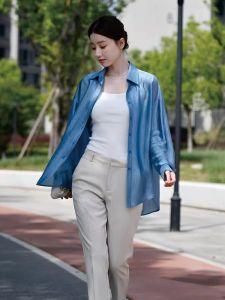 Spring Summer 2025 Imported Acetate Lightweight Loose Long Shirt Womens Air Conditioner Cardigan Outerwear Polo Collar Long Sleeve