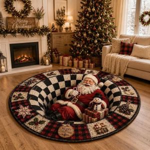 Santa Claus Swirl Checkered Rug 2D Pattern Plush Carpet Non-Slip Soft Living Room Mat Creative Christmas Home Decor