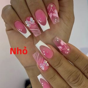 10 Bộ Móng Tay Giả Acrylic Màu Trắng Pháp Lì Viền Hồng Đính Đá Hình Trái Tim Và Nơ Bướm 3D