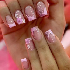 Short Medium fake nails for women Gradient pink red blue flowers sparkling Square nail tips full cover acrylic press on nails