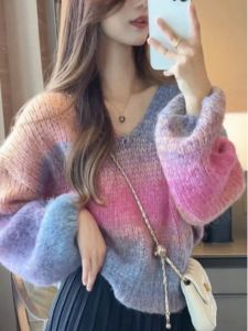 Áo Len Dệt Kim Rộng Rãi Cho Nữ Áo Len Cardigan Dài Tay Cổ Tròn Thường Ngày Mùa Xuân Áo Len Dệt Kim Màu Sắc Chấm Bi Có Đường Kẻ