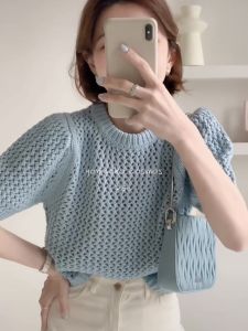 เสื้อสเวตเตอร์ถักแขนสั้นคอตั้งทรงหลวมสไตล์เกาหลีสำหรับผู้หญิง ผ้าขนสัตว์ สีพื้น ทรงเข้ารูป แขนสั้น ปกติ