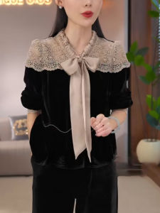 Áo Sơ Mi Lụa Nhung Cổ Bướm Kiểu Pháp Cho Nữ Mùa Thu Đông Mới Về Bên Trong Ren Ghép Nối Cao Cấp Lót Nhung Áo Sơ Mi