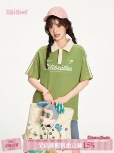 Gbiaior American Letter Print Color Block Short Sleeve Polo Shirt Women Casual Top Polyester Cotton Blend Summer New Arrival