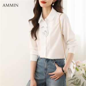 AMMIN เสื้อชีฟองพิมพ์ลายสัตว์ลูกแมวแฟชั่นใหม่เสื้อลำลองเสื้อผ้าสาวออฟฟิศแขนยาวลายสัตว์ลูกแมวรุ่นพื้นฐานและเข้าชุด