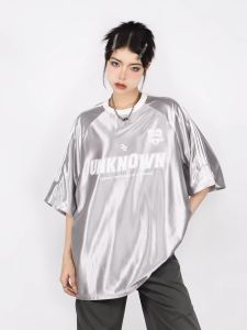 Retro American Bright Light Printed Short Sleeve T-shirt for Women Crewneck Summer Couple Three-Quarter Sleeve Top