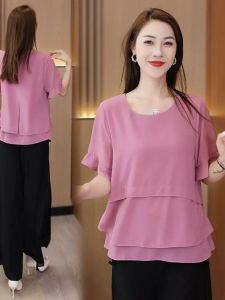 Womens Short-Sleeved Chiffon Shirt 2024 Summer Korean Style Fashion Loose Pure Color Belly Covering Mothers Short-Sleeved Crew Neck Blouse