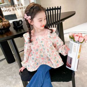 Sweet Floral Girls Shirt French Style Puff Sleeve Autumn Wear Cotton Polyester Blend Casual Doll Collar Long Sleeve Top