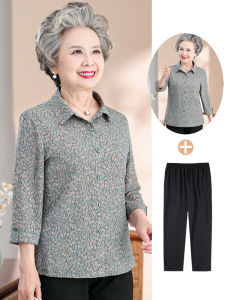 เสื้อเชิ้ตแขนสั้นผู้หญิงวัย 60 ปี ชุดสองชิ้น ผ้าฝ้ายผสมโพลีเอสเตอร์ ทรงหลวม ปกโปโล กระดุม ชุดฤดูใบไม้ร่วงสำหรับคุณแม่