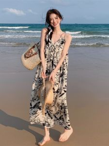 2024 New French Style Summer Beach Dress Womens Outerwear High Quality Floral Print Long Sleeve V-Neck A-Line Gown