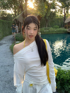 Slim Fit Long Sleeve T-Shirt Womens White Shoulder Bared Design Sensation Hot Girl Commute Style Regular Thickness Pure Color