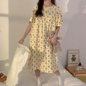 Summer Cartoon Bear Sleep Dress Womens Loose Thin Short Sleeve Long Dress Cute Student Internet Famous Sleepwear Can Be Worn outside