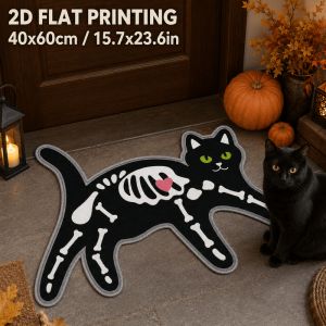 VIKAMA Skeleton Black Cat Shaped Bath Mat Halloween Xray Cat Non Slip Water Absorbent Bathroom Rug Gothic Home Decor