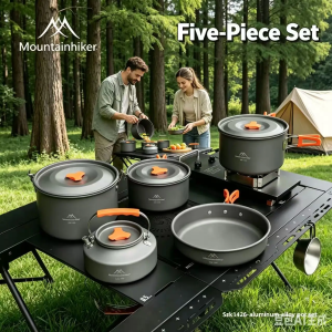 5pcs/1set Camping Cookware Kit Outdoor Cooking Set Aluminum Equipment Outdoor Pot Travel Tableware Kitchen Hiking Picnic BBQ