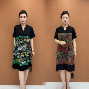 New Chinese Style Midi Dress Floral Patchwork Fashion Slimming Summer New Comfortable Stylish A-Line Skirt round Neck Short Sleeve