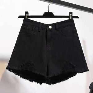 Summer Womens High Waist Cowboy Shorts Korean Style Casual Denim with Pockets Tassel Detail Perforated Design Y2K White Jeans