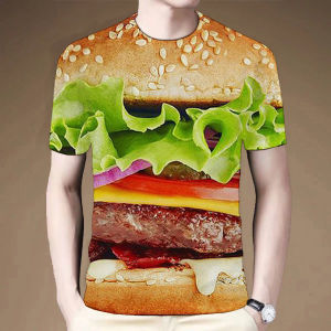 Summer 2025 Thin round Neck Short Sleeve T-Shirt 3D Print Loose Breathable Cool Feeling Burger Series Creative Standard Fit Polyester Fiber
