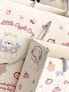5PCS Cute Dog Pattern Apple Paper Gift Bag Set 3 Sizes Korean Style Durable Thick Cardboard Packaging Bags for Womens Birthday Office Supplies Dry Food Storage Aesthetic Souvenirs Giveaways High Quality Ready Stock Fast Delivery Easy to Hold MY DAILY