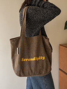 Moregool 24/FW Original Retro Fine Plaid Wool Printed Tote Daily Work Clothing Large Capacity