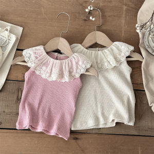 2026 Summer Baby T-shirt 6-24M Lace Collar Infant Girls Vest Sweet Embroidered Flowers Infant Clothes Tops