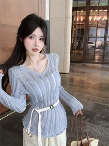 GUZILIAN | Spring Autumn Lazy Style V-Neck Long Sleeve Knitted Loose Fit Stripe Hollow Out Belted Sun Protection Shirt Korean Version Thin Model