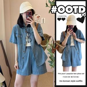 Summer Thin Denim Casual Style Womens Polo Collar Shirt And Elastic Waist Shorts Set Fashionable Two-Piece Suit for Ladies