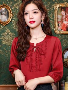 Silk Womens Blouse Half Sleeve Summer New Style Mom Fashion Belly Covering Small Shirt National Style Red Real Silk Shirt