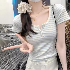 Áo Thun Nữ Tay Ngắn Mùa Hè 2024 Áo Thun Cổ Tròn Ôm Vừa Vặn Họa Tiết Sọc Màu Tương Phản Áo Thun Ngắn Hở Xương Quai Xanh