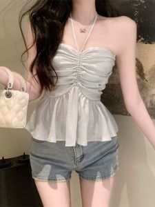 GUZILIAN | เสื้อกั๊กสายเดี่ยวเข้ารูปเอวเข้ารูปสไตล์หวานๆ สำหรับผู้หญิงในฤดูร้อน เสื้อคลุมกันหนาวแบบสวมหัว ผ้าฝ้ายผสมสแปนเด็กซ์