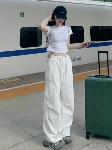 กางเกงทรงสากลเอวสูงสีขาวทรงหลวมสำหรับผู้หญิง ทรงสตรีท ฤดูใบไม้ผลิและฤดูใบไม้ร่วง กางเกงขายาวทรงตกกระโปรงแบบหัวเข็มขัดสำหรับผู้หญิง