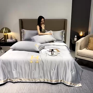 Bộ Chăn Ga Gối Phi Lụa Cao Cấp Thêu Chữ H Chăn Hè Chần Bông Mềm Mại Màu Sắc Sang Trọng Đủ Kích Thước